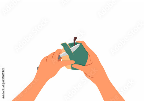 Hands peeling a green apple with a knife. Top view. The concept of cooking at home. Vector Illustration in flat style isolated on white background.