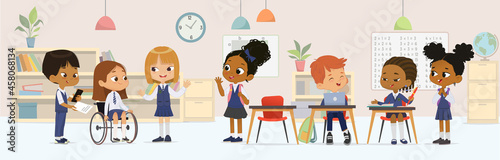 Cheerful diverse kids in school uniform talking sitting at tables enjoying lesson inclusion education vector banner. Little girl in wheelchair greeting to schoolboy and schoolgirl classmates isolated