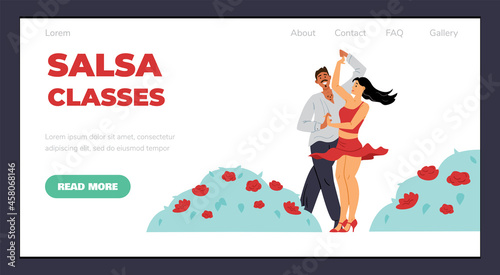 Salsa classes advertising website page layout, flat vector illustration.