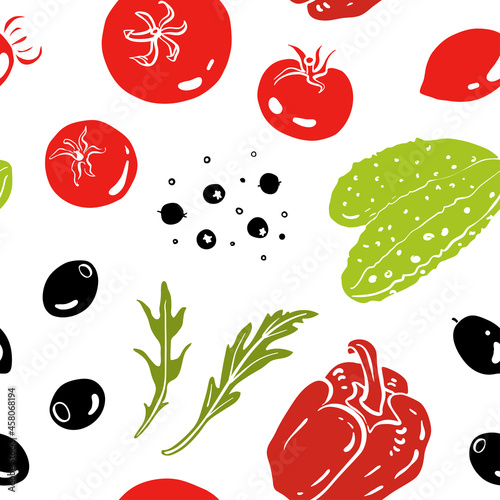 Seamless pattern with GReek salad ingredients. Colorful paper cut collection of vegetables and herbs isolated on white background. Doodle hand drawn vector illustration