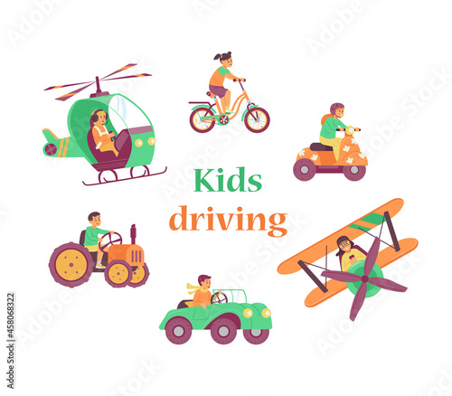 Banner with boys and girls driving transport  flat vector illustration isolated.