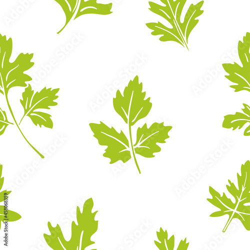 Seamless pattern with parsley. Colorful paper cut collection of vegetables and herbs isolated on white background. Doodle hand drawn vector illustration