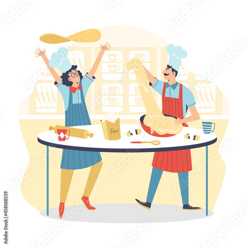 Italian chefs with pizza dough in kitchen, flat vector illustration isolated.