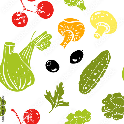 Seamless pattern with vegetables. Colorful paper cut collection of vegetables and herbs isolated on white background. Doodle hand drawn vector illustration