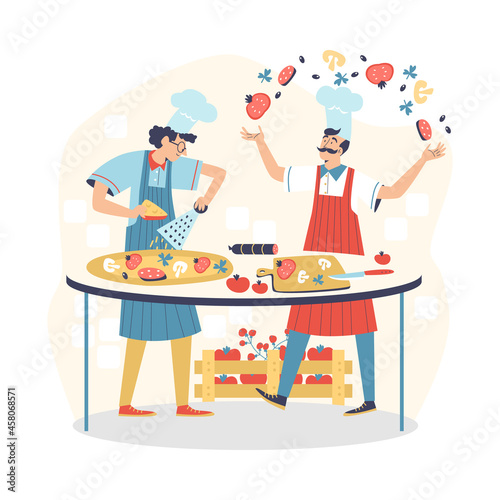 Italian chefs cut pizza ingredients, flat vector illustration isolated on white.