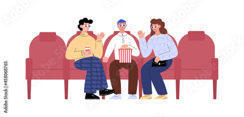 Friends watching movie together in cinema, flat vector illustration isolated.