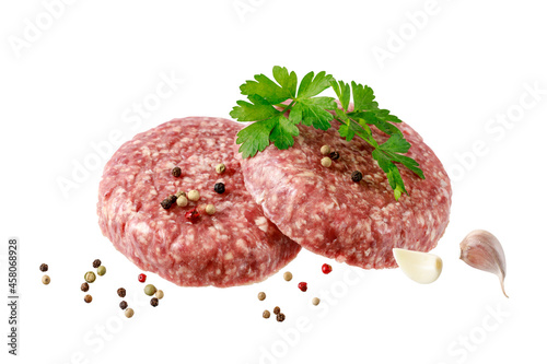 Two raw cutlet patty beef minced meat for burger closeup