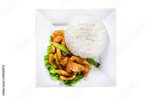 vietnamese cuisine, teriyaki sauce chicken with rice, on white isolated background, top