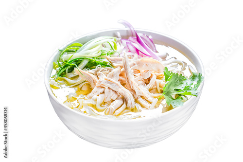 vietnamese cuisine, a plate of pho soup with chicken, on a white isolated background, top