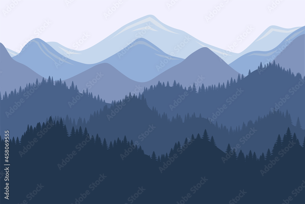 Naklejka premium Mountain range morning landscape with fog and forest. Sunrise and sunset in mountains vector horizontal eps illustration