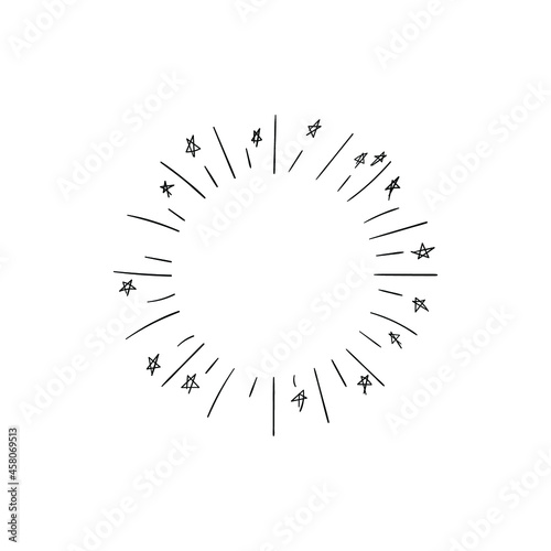 Vector retro firework with stars abstract rays icon isolated on white background, black drawings isolated on white background, glow sign, circle shape.