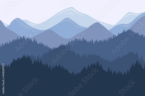 Mountain range morning landscape with fog and forest. Sunrise and sunset in mountains vector horizontal eps illustration © Azat Valeev