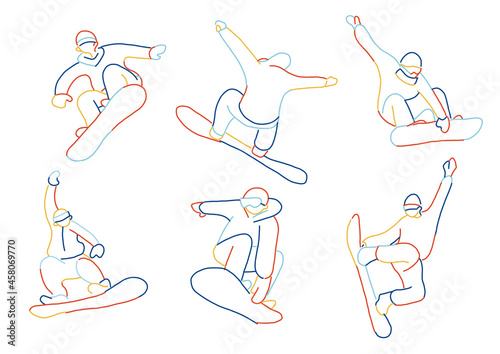 スノーボードをする人物の線画イラストセット