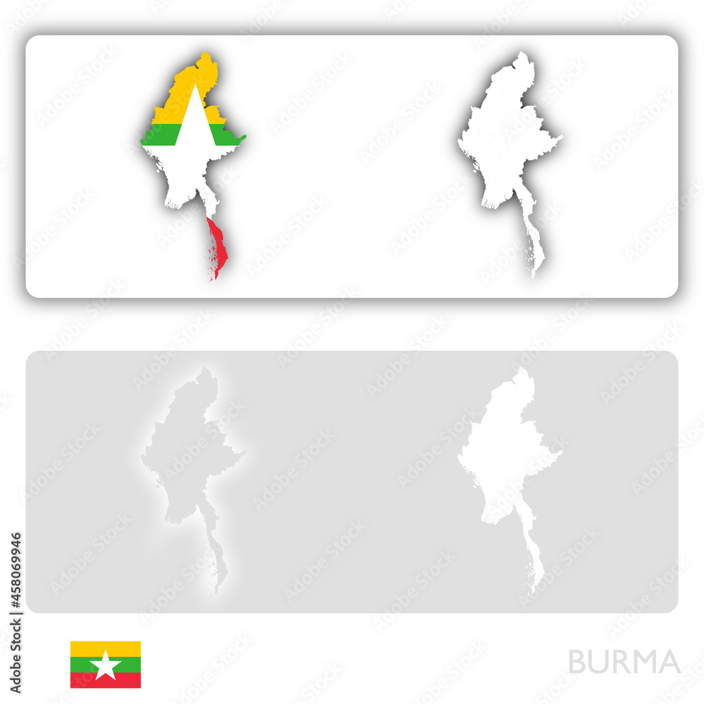 Fototapeta premium Burma map with flag and shadow on white and grey background