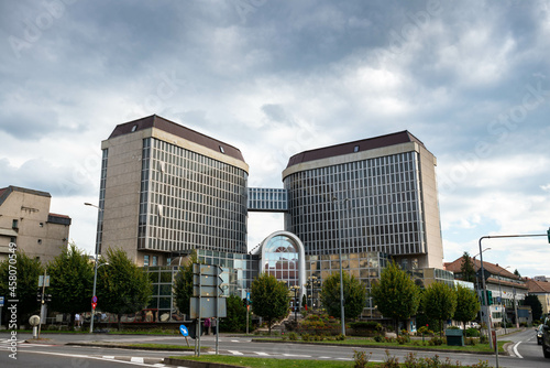 Billede på lærred Headquarter of BCR Sparkasse bank in the town of Targu Mures, Romania