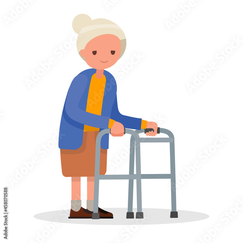 Grandmother walking with a walker. Vector illustration.