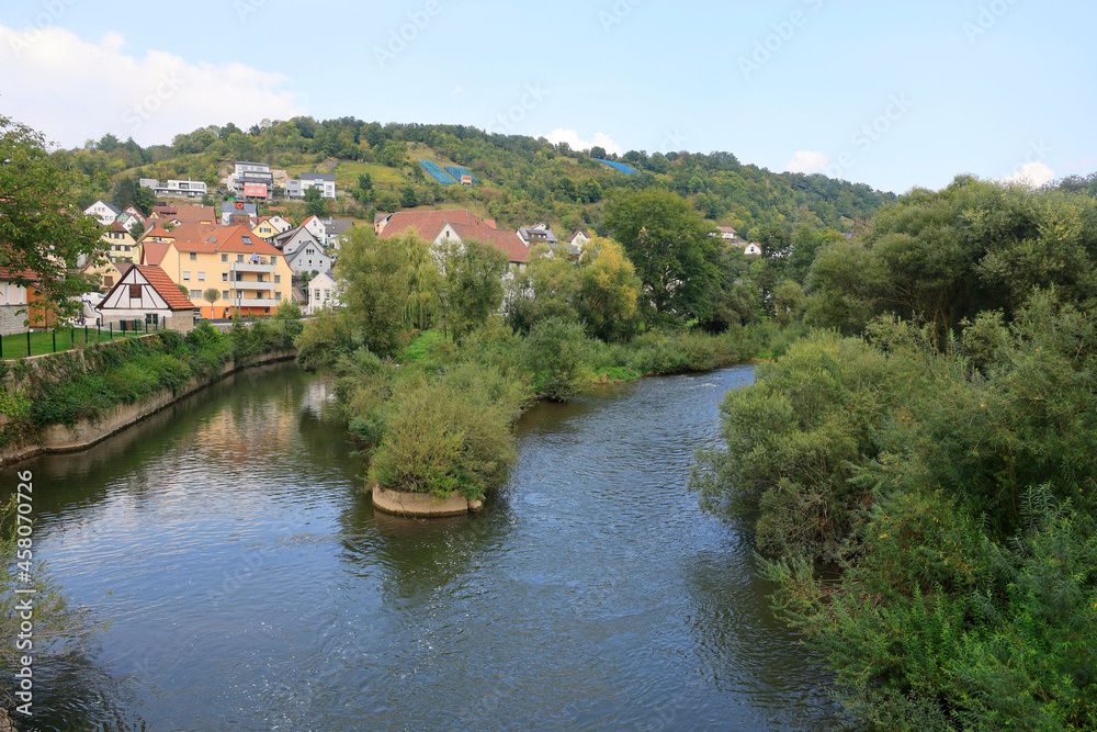 The River Kocher at Ernsbach, Hohenlohe, Baden-Württemberg, Germany, Europe.