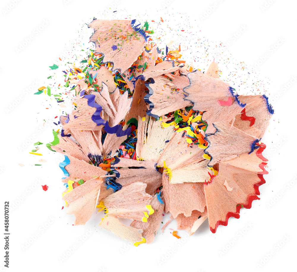 Heap of colorful pencil shavings on white background, top view Heap of colorful pencil shavings on white background, top view