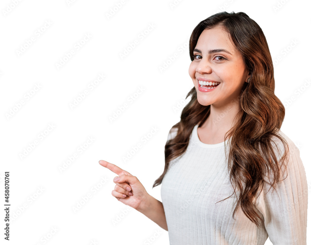 Beautiful Latin woman wearing casual clothes smiling happy pointing with hand and finger to the side Beautiful Latin woman wearing casual clothes smiling happy pointing with hand and finger to the side