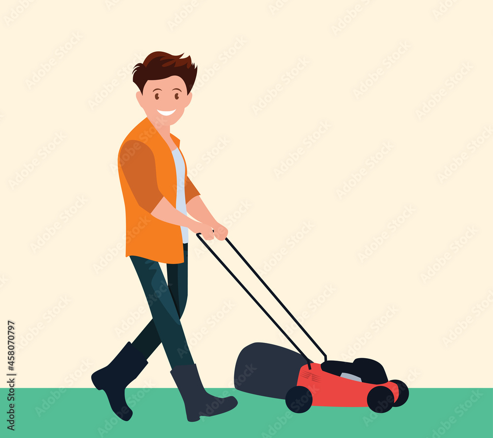 The farmer is a jack-of-all-trades, mowing the grass with a manual lawn mower. Vector illustration. The farmer is a jack-of-all-trades, mowing the grass with a manual lawn mower. Vector illustration.