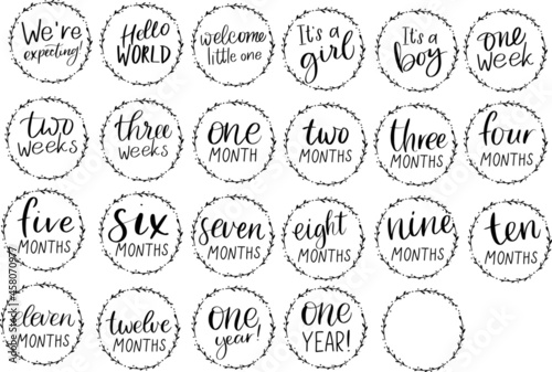 Baby age markers set. Vector monthly milestone cards 1-12 months and 1 year for girl or boy birthday. Newborn calligraphy lettering tag, label sticker, t shirt design