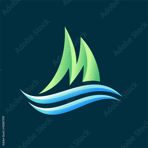 sailing boat logo with letter m concept
