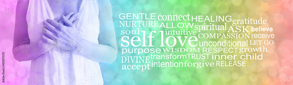 Words associated with Self Love Feminine Rainbow Banner - female in white robe with hands across heart beside a SELF LOVE word cloud against a rainbow coloured bokeh background
Words associated with Self Love Feminine Rainbow Banner - female in white robe with hands across heart beside a SELF LOVE word cloud against a rainbow coloured bokeh background