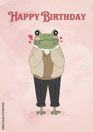 Birthday card. Postcard with a frog. Watercolor postcard. Watercolor vector. Cute frog.