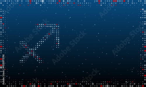 On the left is the zodiac sagittarius symbol filled with white dots. Abstract futuristic frame of dots and circles. Vector illustration on blue background with stars