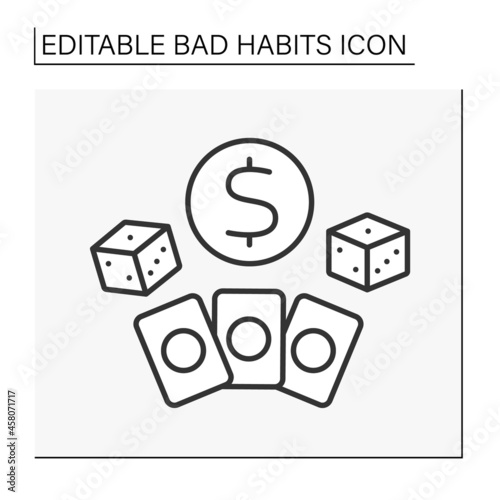 Addiction line icon. Compulsive gambling. Uncontrollable urge to keep gambling. Casino jackpot, playing cards.Bad habits concept. Isolated vector illustration. Editable stroke