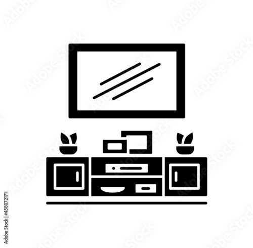 Wall mounted floating TV stand. Vector illustration of modern media console. Flat icon of led television table with shelves. Symbol of living room furniture. Isolated object