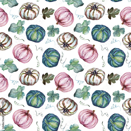Watercolor seamless autumn pattern with pumpkin and fall leaves on white background