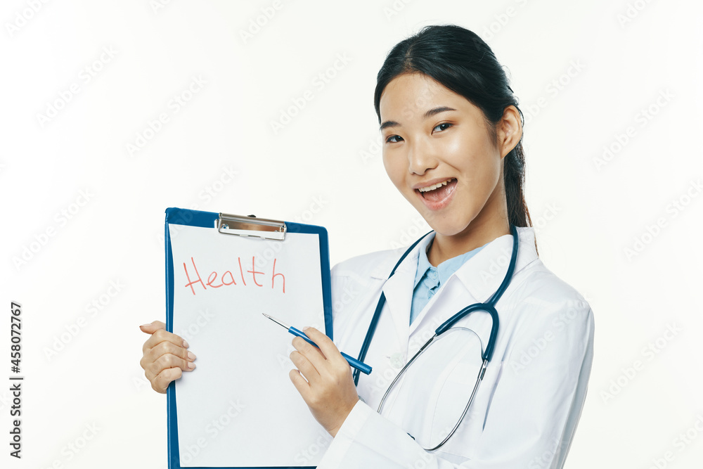 female doctor medicine patient card treatment white coat female doctor medicine patient card treatment white coat