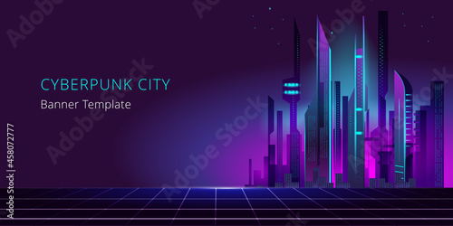 Fantastic city in the style of cyberpunk. Vector illustration in retro style in neon colors. Night city of the future. Template a horizontal banner.