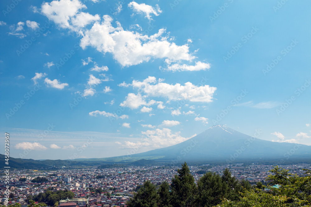 Fuji mountain with beautiful nice clear blue sky which view from Shimoyoshida Pagoda in summer season