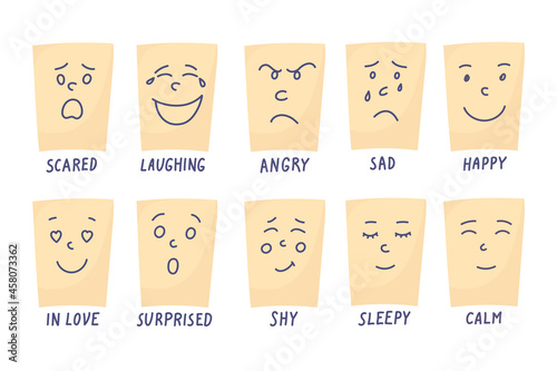 Emotions. Pieces of paper with hand drawn emotions.  Scared, laughing, angry, sad, happy, in love, surprised, shy, sleepy, calm.