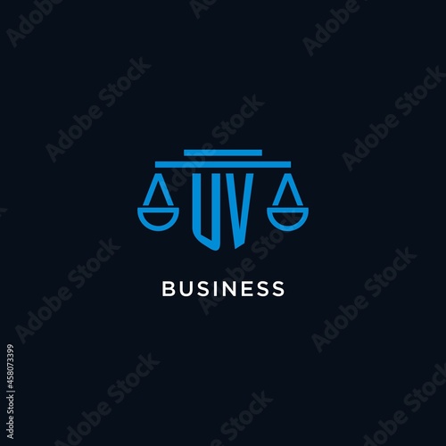 UV monogram initial logo with scales of justice icon design inspiration