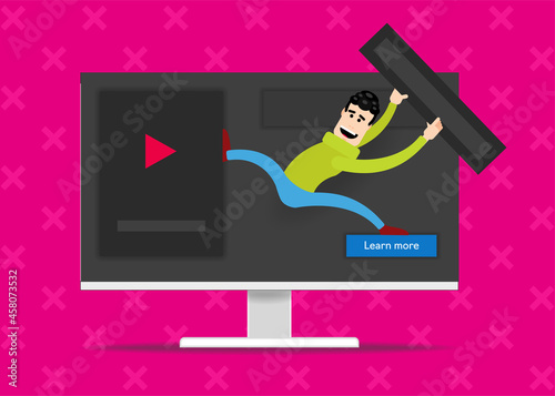 artoon man stole the interface panel from the computer.