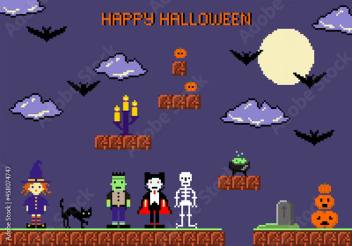 Halloween greeting card in style of eight-bit game. .Vector illustration