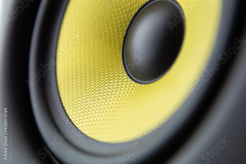 Buy professional studio monitor speakers in music store. High fidelity monitors for musician. Professional audio equipment for sound recording studio