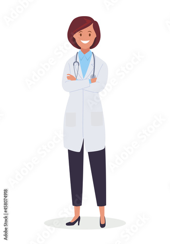 A female doctor with a stethoscope in a uniform. Vector illustration.