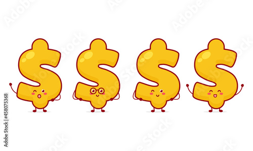 Set of cute dollar character collection with various fun poses using white background