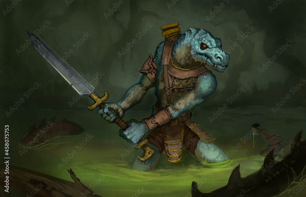 Naklejka premium Digital painting of a lizard warrior with a large sword walking through a swamp environment hunting an dangerous predator - fantasy illustration