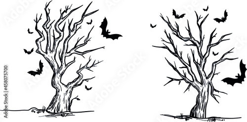 Set of halloween tree . Dead Branch from vector.Halloween tree by hand drawing.Black plant on white background.