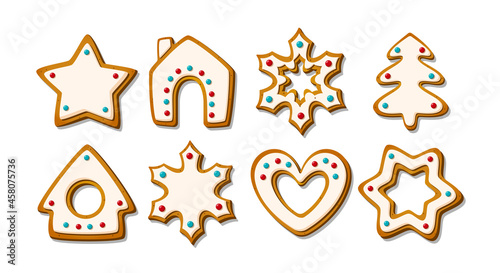 Christmas gingerbread cookies. Winter glazed biscuits in shape of gingerbread house and tree, star and snowflake and heart. Cartoon Vector illustration