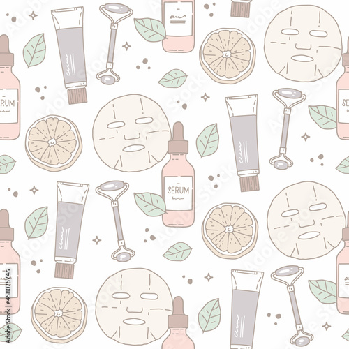 Vector seamless pattern. Illustration in a hand-drawn style, linear drawing. Cosmetics for skin care, beauty routine. Face mask, serum, cream, jade masseur. Orange and leaves. AHA acids in cosmetics