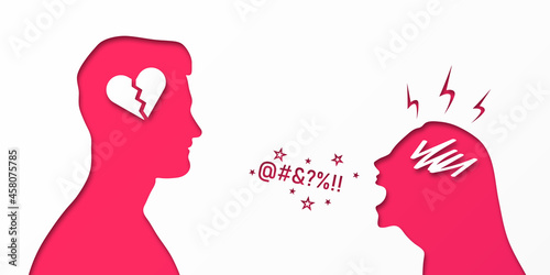 The woman screams at the man. The man is disappointed. Relationship problem. Conflicts. Misunderstanding. Understand opinion. Treason. Broken love. The concept of a quarrel between loved ones. Vector.