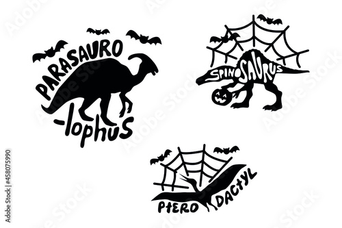 Set of various prehistoric animals dinosaurs. Graphic vector illustration on a white background. Isolated natural objects with inscriptions. Black and white graphics.
