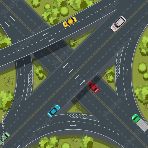 Aerial top view highway junction, cross roads, interchange and expressway is an important infrastructure, vector illustration photo