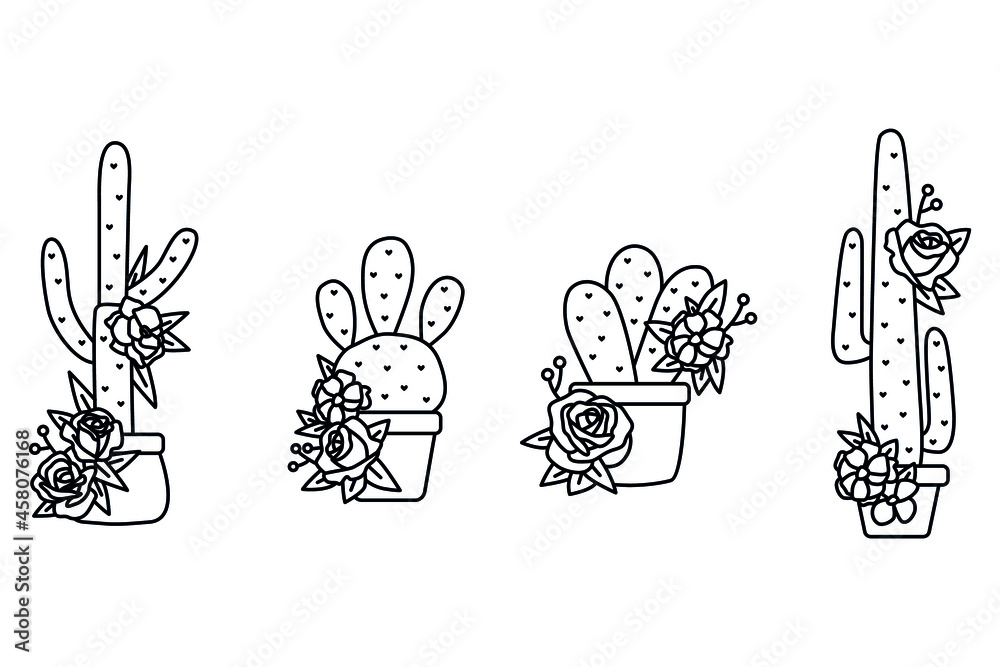 Fototapeta premium Cactus vector illustrations. Hand drawn outline cactus set. Cactus plants nature elements